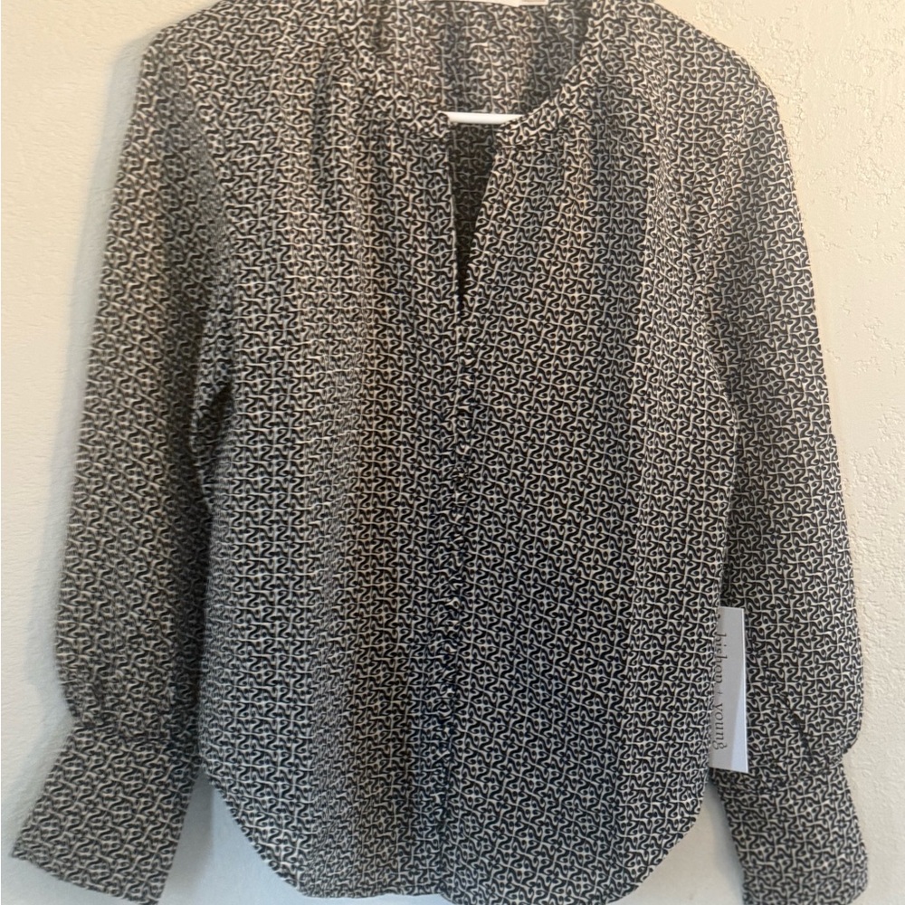 bishop + young Black Pascal Print with Relaxed Mandarin Collar Blouse